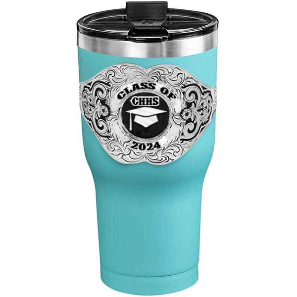 A customized tumbler made of stainless steel with a personalized engraved Class of 2024 lettering with graduate cap figure, 30 oz, ideal for coffee or cool drinks